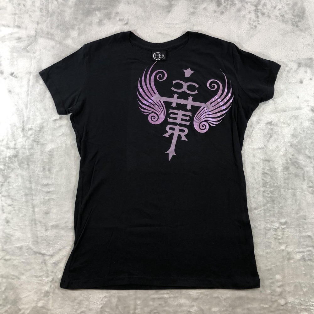 Vintage Cher Shirt Womens XL Black Purple Winged Logo Graphic Band Tee USA